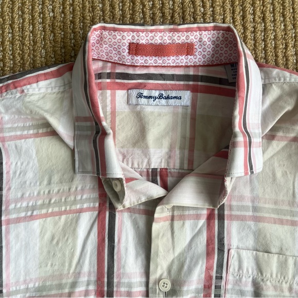 Tommy Bahama Shirt Hideaway Fronds Afterglow Silk Plaid SZ Medium Peach white - Picture 6 of 12